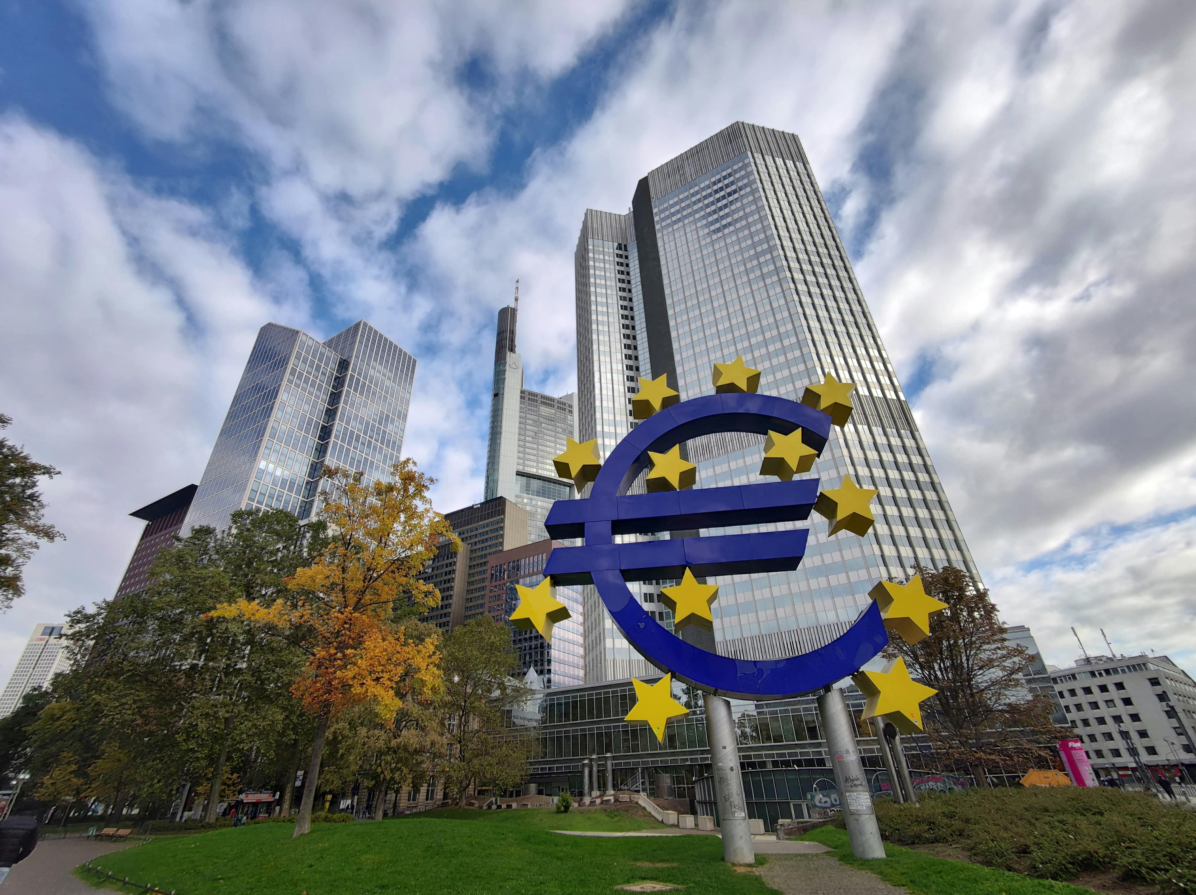 The euro sculpture outside the European Central Bank in Frankfurt